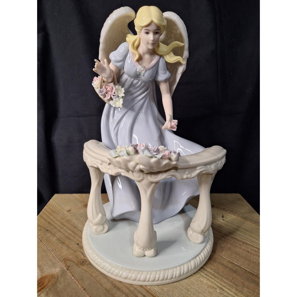 Members Mark Porcelain Angel Figurine with Flowers and Balustrade Blue Dress
